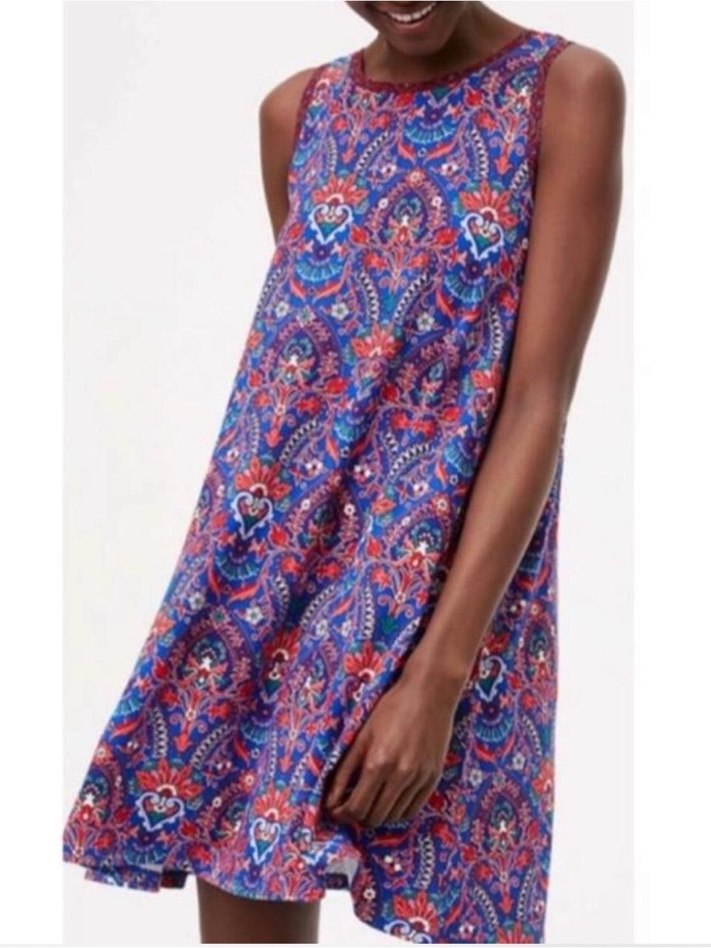 LOFT Boho Floral Mosaic Sleeveless Swing Dress | Red Blue | Medium P